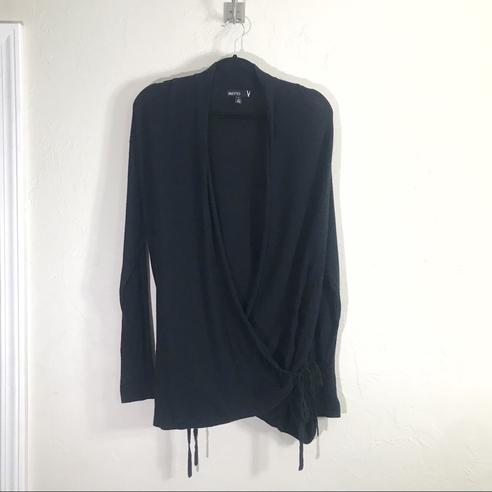 VALETTE Black Cardigan Fine Gauge Wrap Tie Sweater